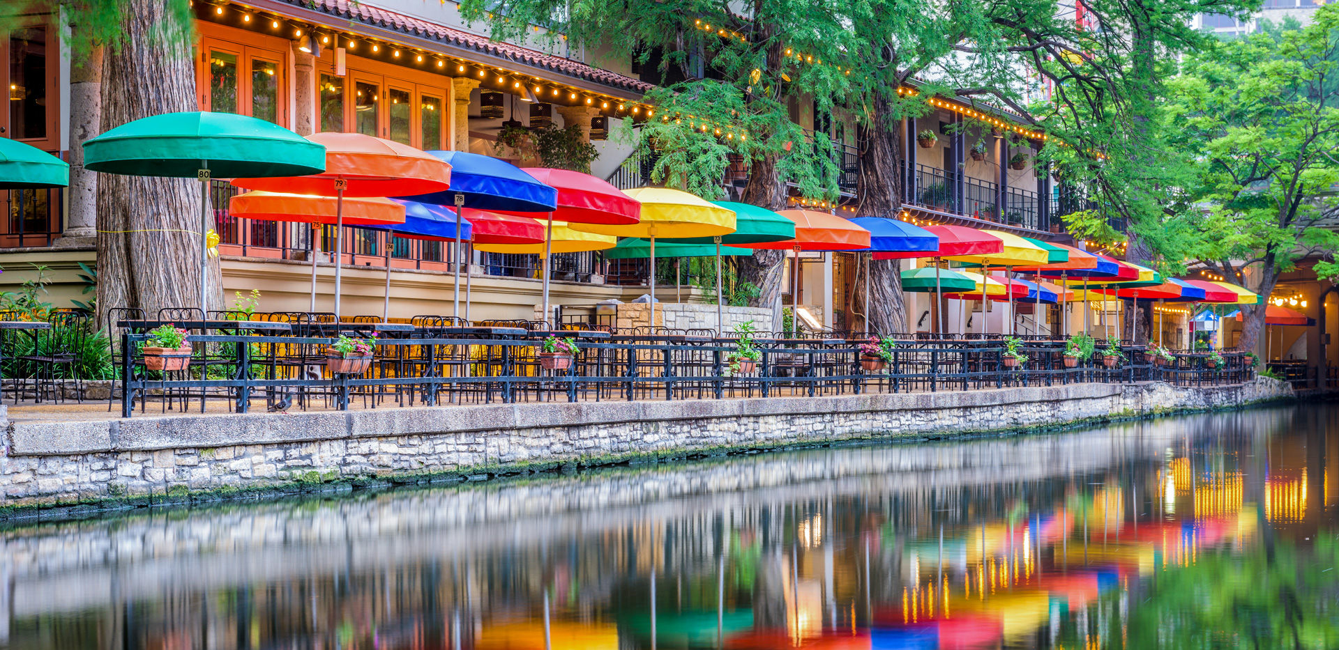 San Antonio Riverwalk umbrellas and river