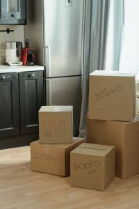 stacked boxes in kitchen