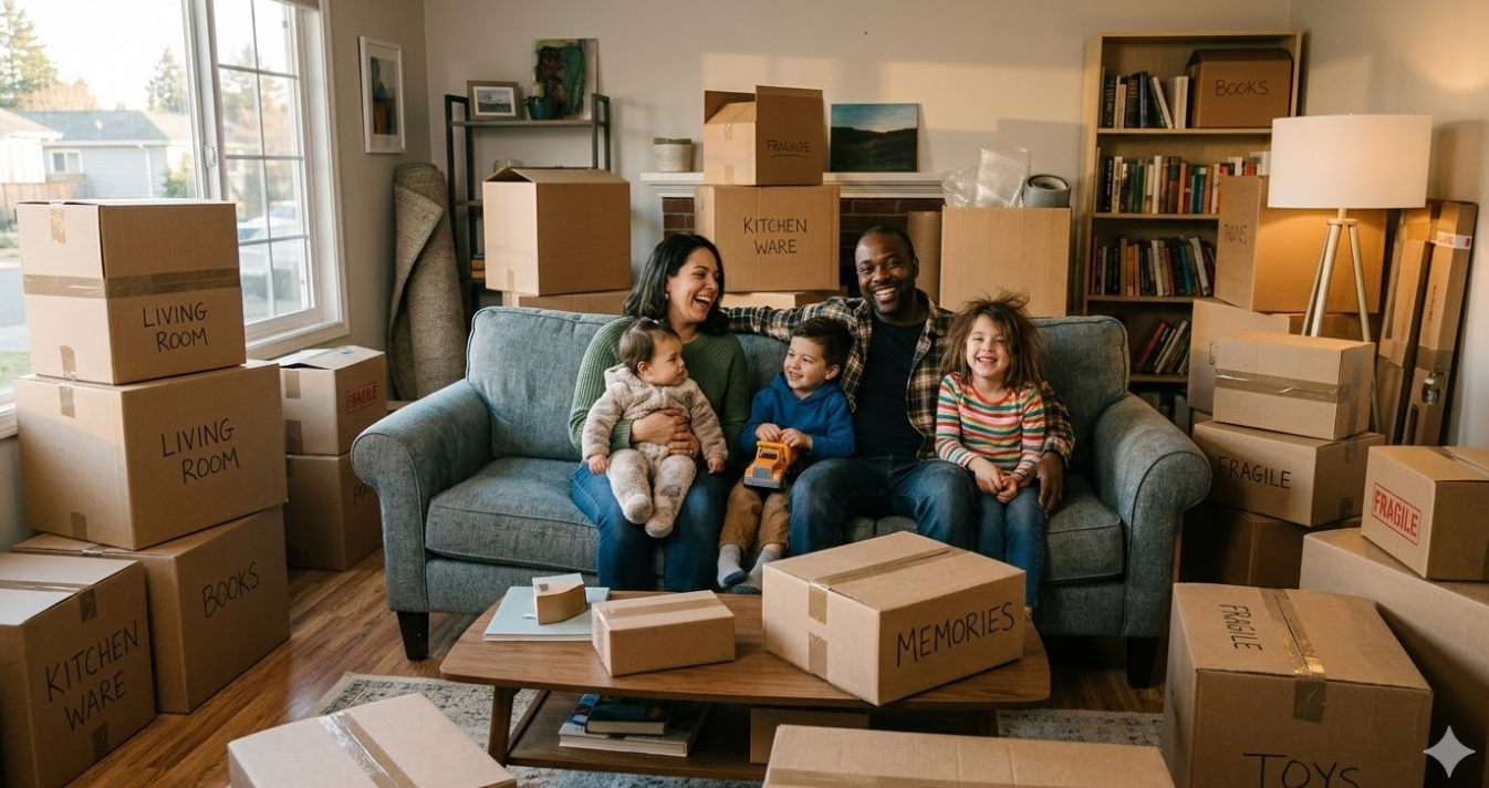 Family in living room surrounded by moving boxes