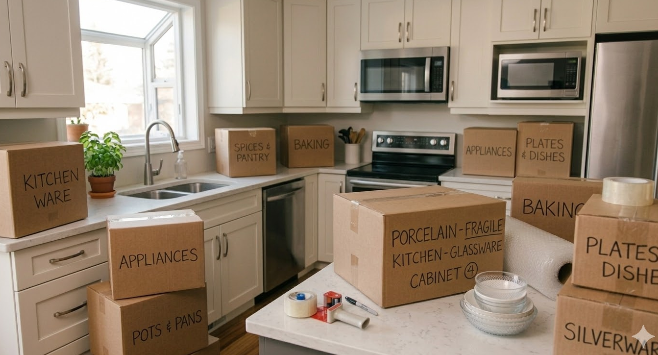 Kitchen with packing boxes