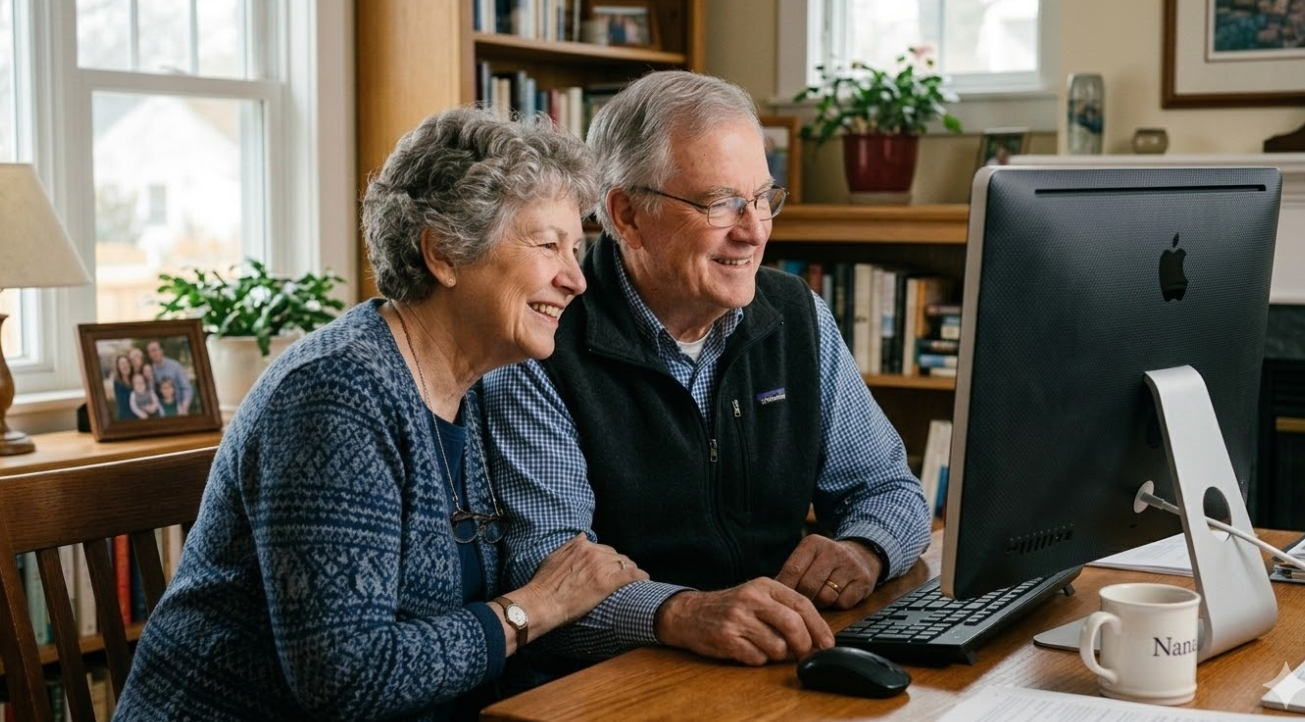 Two older adults looking at a computer screen