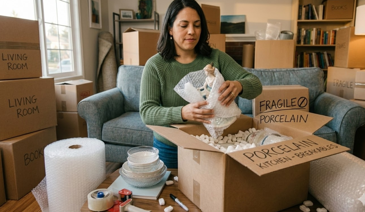 A woman packing a fragile item